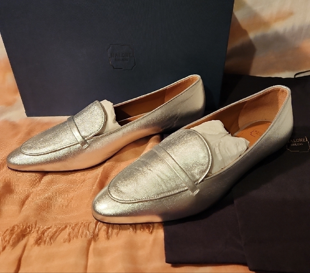 Malone Souliers Bruni Metallic Silver Flats Size 40 New